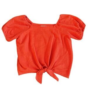 Loft Orange Seersucker Square Neck Puff Sleeve Front Tie Shirt Top Blouse Large